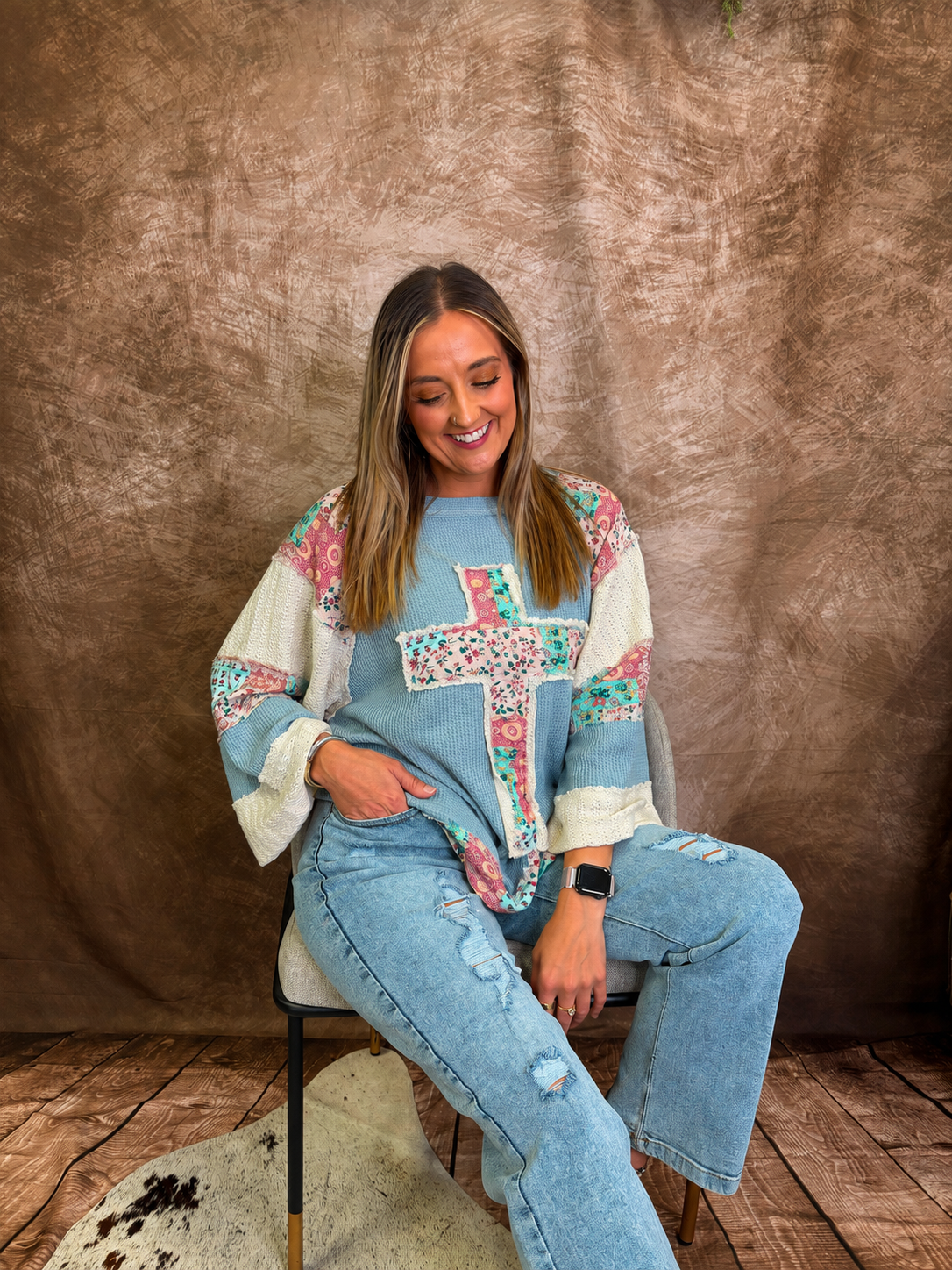 Cozy Christian® x POL - Round Neck Faith Patch Overlock Stitch Knit Top - 2:Corinthians 6:18