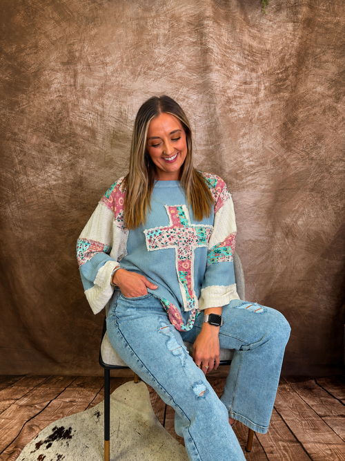 Cozy Christian® x POL - Round Neck Faith Patch Overlock Stitch Knit Top - 2:Corinthians 6:18