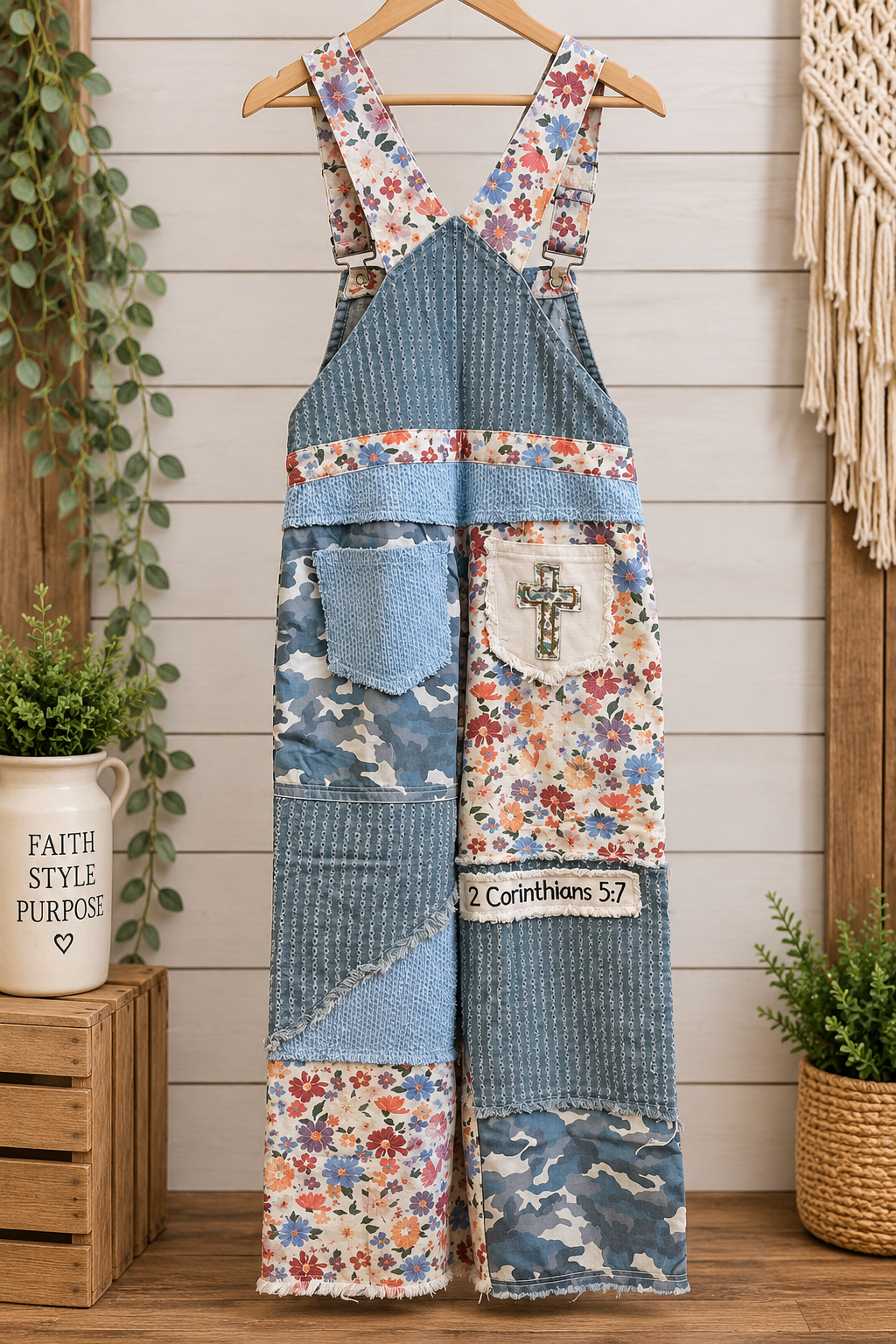 Cozy Christian® x POL — “Walk by Faith” Patchwork Overalls
