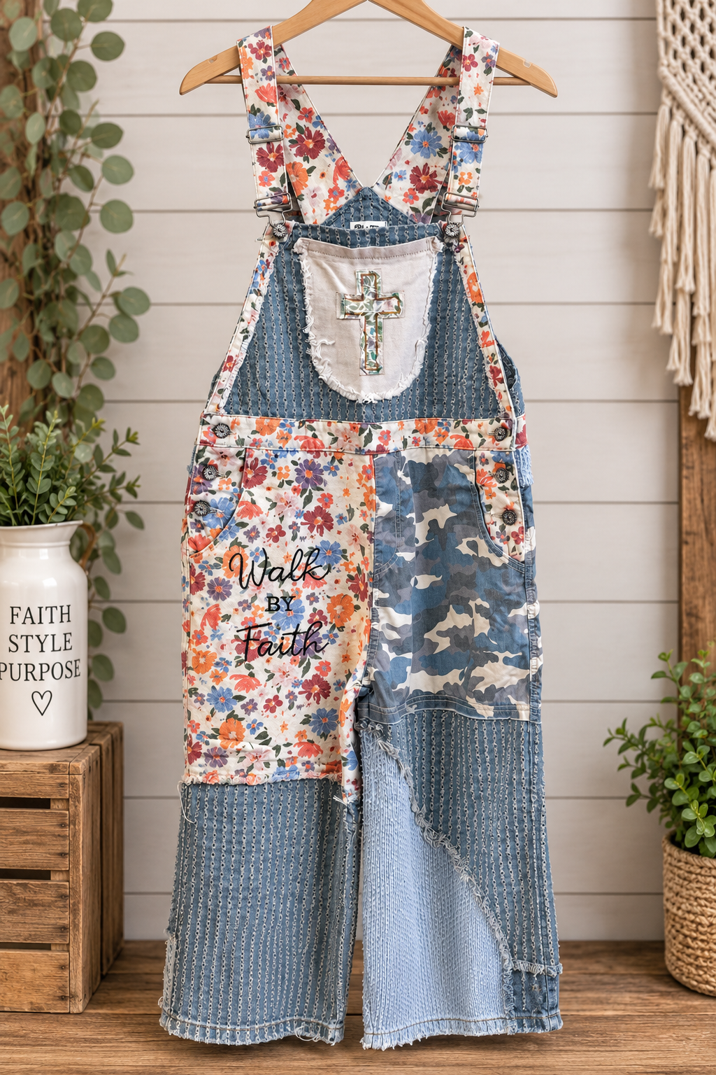 Cozy Christian® x POL — “Walk by Faith” Patchwork Overalls